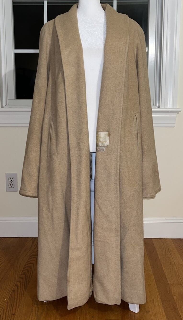 Vintage Tan Brown 100% Cashmere Open Front Trench Coat Overcoat Women Size Large